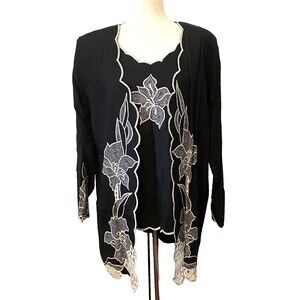 Vtg Marcia & Me Women's M 2pc Tank Cami Cardigan Blouse Floral Embroidery Eyelet